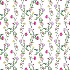 Floral seamless background. Delicate wild flowers with leaves in vector