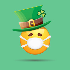 Vector Emoji sticker with mouth medical protection mask and saint Patricks green hat isolated on green background. Yellow st. Patricks smile face character with hat and white surgeon mask.