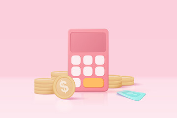 3d minimal calculator vector render concept of financial management. calculating financial risk planning, calculator with coins stack and banknote with 3d vector concept on pastel pink background - obrazy, fototapety, plakaty
