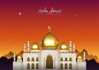 Beautiful Islamic illustration with Arabic calligraphy and gold mosque. Realistic Ramadan Kareem greeting card with sunset view