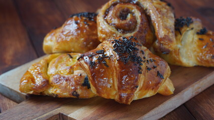 French pastries in Israel. Sweet pastry rolls and croissants