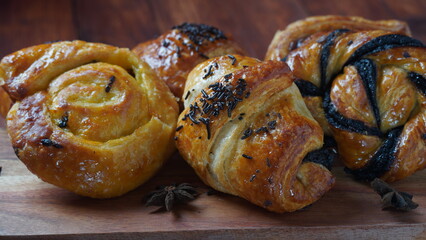 French pastries in Israel. Sweet pastry rolls and croissants