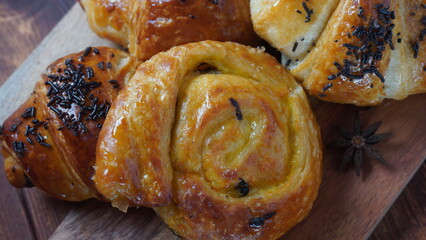 French pastries in Israel. Sweet pastry rolls and croissants