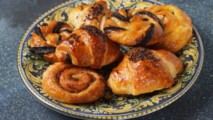 French pastries in Israel. Sweet pastry rolls and croissants