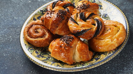 French pastries in Israel. Sweet pastry rolls and croissants