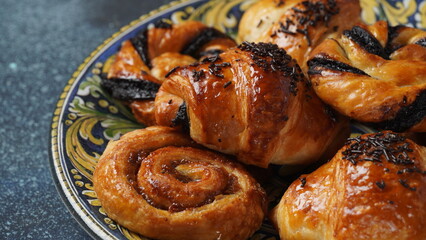 French pastries in Israel. Sweet pastry rolls and croissants