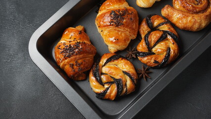 French pastries in Israel. Sweet pastry rolls and croissants