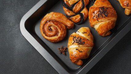 French pastries in Israel. Sweet pastry rolls and croissants