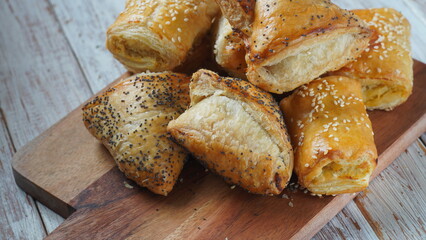 Burekas with cheese and mushrooms, potato. Israeli Savory Pastries.