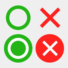 Correct and incorrect answers. Answers to the quiz. Circle and cross icon set. Editable vectors.