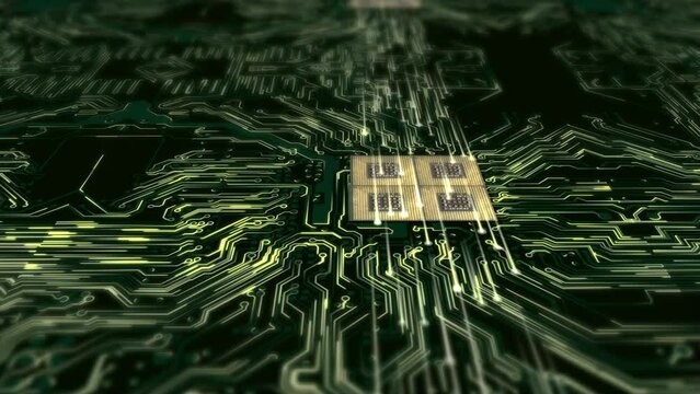Flight over CPU and green circuit board - information highway - golden data flow  animation