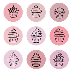 a set of nine round pink icons with the image of cakes, an icon for social networks, web design, an icon for menus, flat crafting black outline