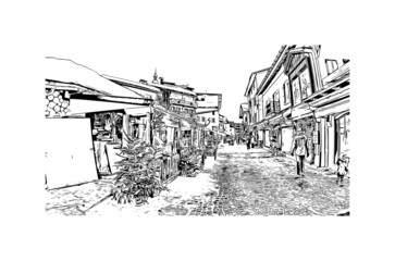 Building view with landmark of Megeve is the 
commune in France. Hand drawn sketch illustration in vector.