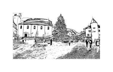 Building view with landmark of Megeve is the 
commune in France. Hand drawn sketch illustration in vector.