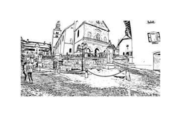 Building view with landmark of Megeve is the 
commune in France. Hand drawn sketch illustration in vector.
