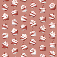 Seamless vector pattern with sweet cupcakes. For fabrics, cards, paper, backgrounds. Vector illustration