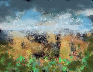 Landscape background with clouds and flowers