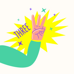 The hand gesture shows three fingers. The person's arm is bent at the elbow. Modern fashionable youth graphics.