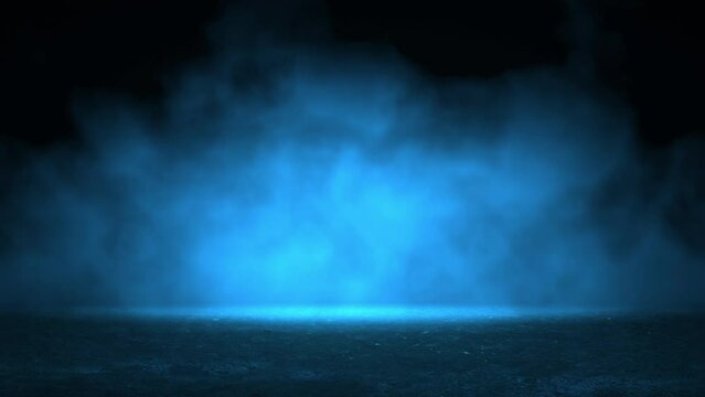 Mysterious smoke in blue light moving over old asphalt. Street with a dark horror atmosphere. Night scene with fog without people. Horror road. Seamless background, animation loop stock video.