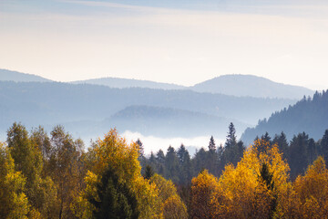 Autumn landscape in Beskids Mountains, Poland.