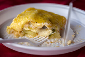 Vegetarian Lasagne with cheese and spinach in disposable plate