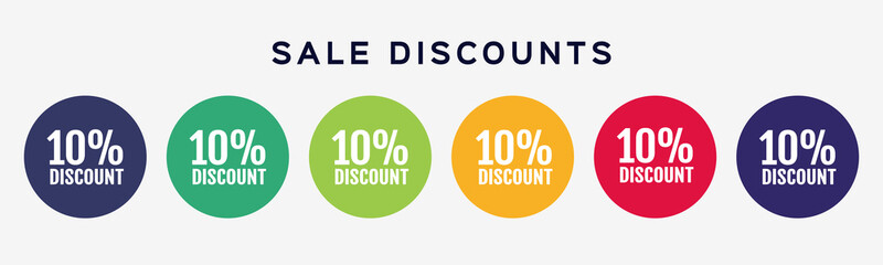 Promotion sales.10% off sale discount. Six round  sticker, emblem, coupon set. Vector illustration for advertising and shopping.