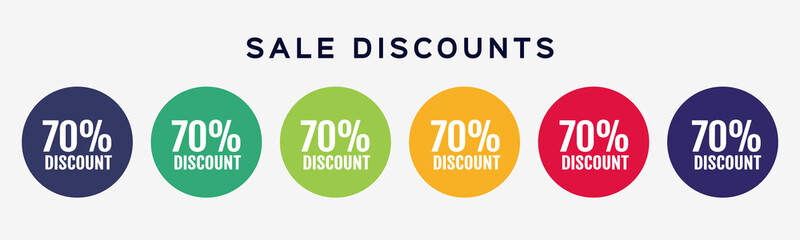 Promotion sales.70% off sale discount. Six round  sticker, emblem, coupon set. Vector illustration for advertising and shopping.