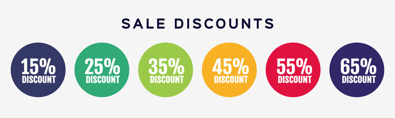 Promotion sales. Six round  sticker, emblem, coupon set. Vector illustration for advertising and shopping.