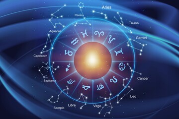 Zodiac signs inside of horoscope circle. Astrology in the sky with stars and moons  astrology and horoscopes concept