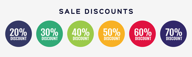 Promotion and discounts sales. Six round  sticker, emblem, coupon set. Vector illustration for advertising and shopping.