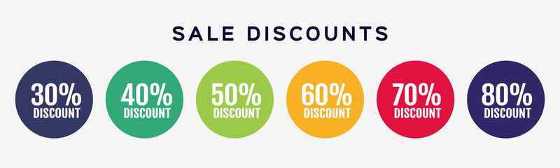 Sales, promotions, percentage. Six round sticker, emblem, coupon set. Vector illustration for advertising and shopping.