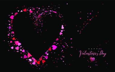 Valentine’s day card with pink and red hearts on a black background