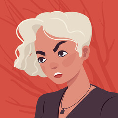 Angry blonde woman with white dyed hair, face close up. Smart cute modern female social media profile picture. Vector flat style creative illustration, red plant background