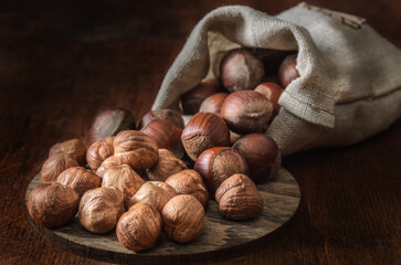 hazelnuts in a woven bag