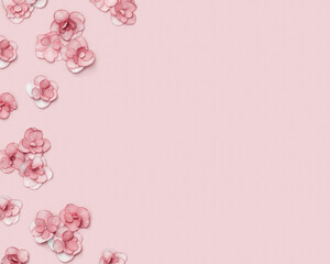 Minimal floral frame with small fresh Hydrangea pink flower on pink background. Holiday flowery...