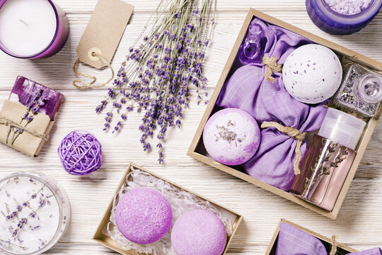 Lavender bath bombs, sea salt, sachets, aromatherapy sleep spray, fragrant and healthy spa products with lavender essential oil. Herbal medicine concept, cosmetic for body treatment