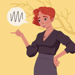 Beautiful ginger red hair woman standing, talking, finger pointing. Smart cute modern female social media profile picture. Vector flat style creative illustration, yellow plant background