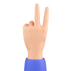 Hand shows peace symbol, cartoon style. Middle and index fingers up. 3d illustration.