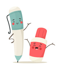 Fun pen and corrector, school or office supplies. Vector illustration in cartoon style.