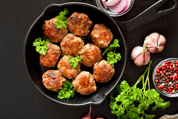 Homemade cutlets from minced meat in frying pan