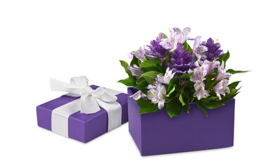 Open purple gift box with beautiful bouquet of flowers isolated on white background