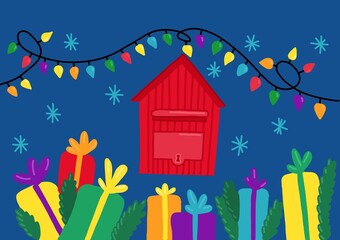 Santa's red mailbox with light garland and gifts. Christmas vector illustration in flat style.