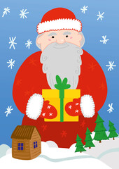Vector Santa Claus with a gift. Winter landscape in flat style. Christmas card.
