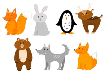 
Vector illustration of cute forest animals on a white background. Winter animals in flat style including fox, squirrel, wolf, bear, deer, hare and penguin.