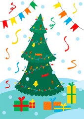 Vector christmas tree in flat style. Christmas tree with gifts and decorations.
