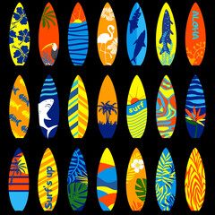 Collection of various surfboards. Bright prints for summer clothes.