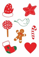 Vector set of Christmas icons. Christmas decorations on a white background in a flat style. Illustration of gingerbread, mittens, sock, star, heart and candies in red colors.