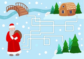 New Year's maze. Christmas quest in flat style. Labyrinth with santa claus. Russian Santa Claus and a hut. Task for preschoolers and kindergarten. 