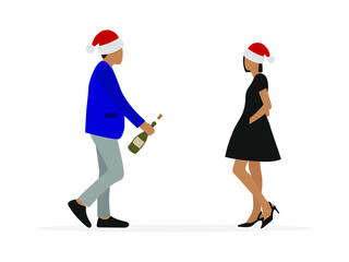 Fototapeta na wymiar Male character and female character in elegant clothes and santa hats open a bottle of champagne on a white background