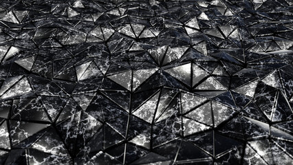 Realistic abstract 3D illustration of the black marble or black granite triangles pattern rendered as background